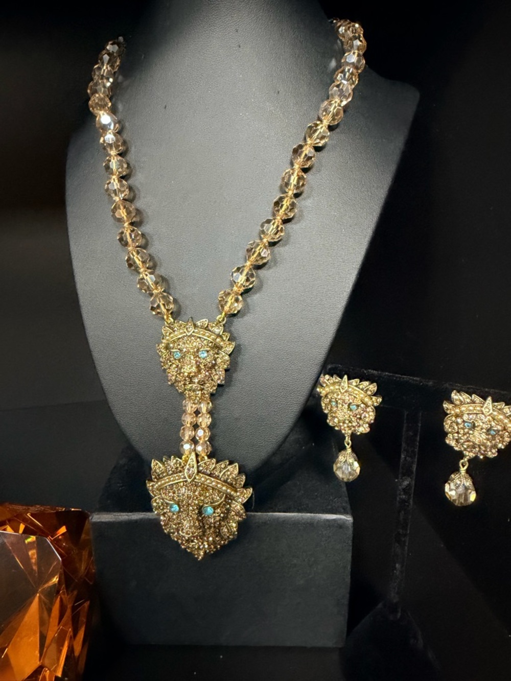 Heidi Daus Gold Crystal Lion Pendant Necklace and Earring Set - Gold